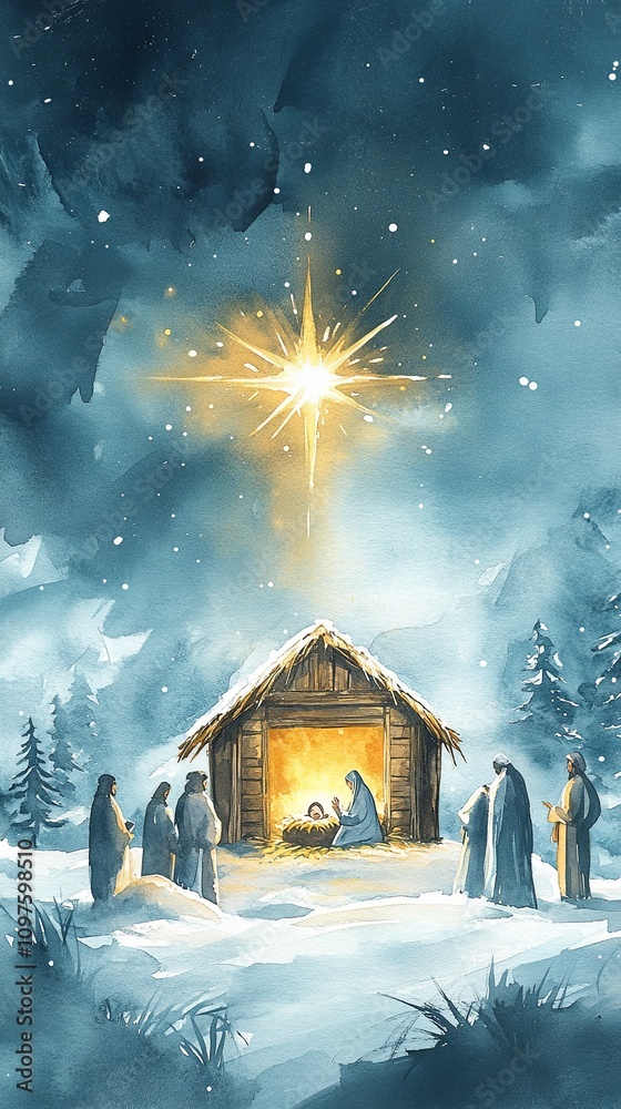 Nativity Scene Examples Nativity scene with figures under bright holy star Stock Illustration ...