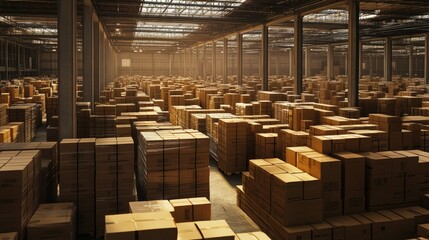 Aufkleber - A high-resolution image of a large warehouse packed with rows of cardboard boxes, emphasizing the logistics and storage aspect of the supply chain.
