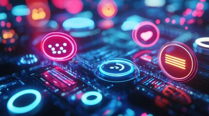 Poster - 3D digital icons representing AI-powered data chats, floating on a futuristic interface, symbolizing virtual assistant interactions.