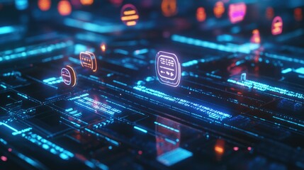 Poster - 3D digital icons representing AI-powered data chats, floating on a futuristic interface, symbolizing virtual assistant interactions.