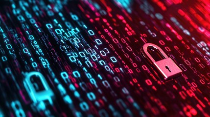 Poster - A CGI 3D render of a digital lock and shield with flowing binary code, representing data privacy and cybersecurity against viruses.