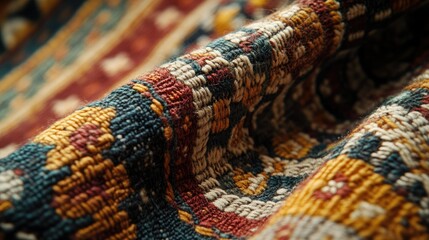 Aufkleber - A close-up of handwoven fabric with traditional patterns, displaying the fine details of each thread and texture, captured in 8K resolution.