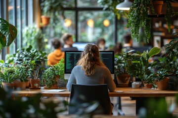 Poster - Professionals working in modern coworking spaces with a relaxed vibe,