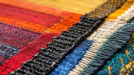 Poster - A detailed shot of a vibrant handwoven textile, showcasing the intricate patterns and textures that make up the traditional craftsmanship.