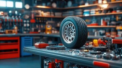 Poster - A garage scene showing a car tire, brake parts, and engine components on a workbench, ready for repair or replacement.