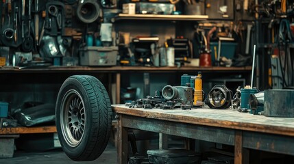 Aufkleber - A garage scene showing a car tire, brake parts, and engine components on a workbench, ready for repair or replacement.