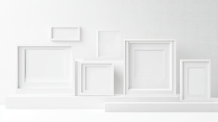 Aufkleber - A minimalist arrangement of elegant monochromatic frames in a pure white space, focusing on sophisticated, understated luxury and visual harmony.