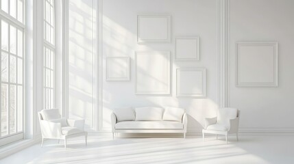 Aufkleber - A minimalist arrangement of elegant monochromatic frames in a pure white space, focusing on sophisticated, understated luxury and visual harmony.
