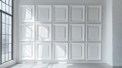 Poster - A refined display of monochromatic white frames, centered in a minimalist space, offering a sophisticated and timeless aesthetic for high-end decor.