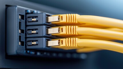 Poster - A close-up of multiple yellow Ethernet cables connected to a network switch, showcasing a modern networking setup.