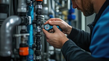 Poster - A technician hands making adjustments to pipes with a wrench, focusing on tool details and the focused task in a high-resolution shot.