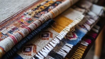 Poster - A top-down view of a beautiful handwoven fabric from Peru, with geometric patterns and colorful threads, highlighting traditional craftsmanship.