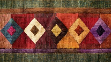 Poster - A top-down view of a beautiful handwoven fabric from Peru, with geometric patterns and colorful threads, highlighting traditional craftsmanship.
