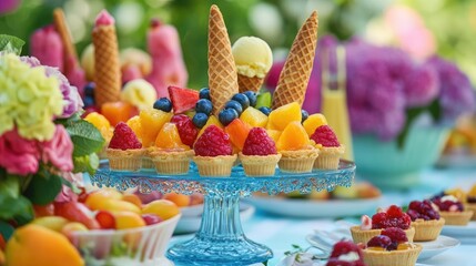 Poster - A vibrant display of colorful summer desserts, including ice cream cones and fruit tarts, elegantly arranged on a cheerful outdoor table setting.