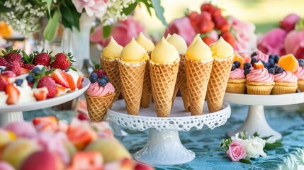 Poster - A vibrant display of colorful summer desserts, including ice cream cones and fruit tarts, elegantly arranged on a cheerful outdoor table setting.