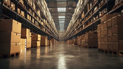 Poster - A wide view of a large warehouse with cardboard boxes neatly arranged, capturing the scale of storage and distribution in an industrial setting.