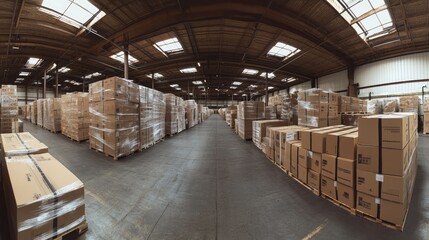 Poster - A wide view of a large warehouse with cardboard boxes neatly arranged, capturing the scale of storage and distribution in an industrial setting.