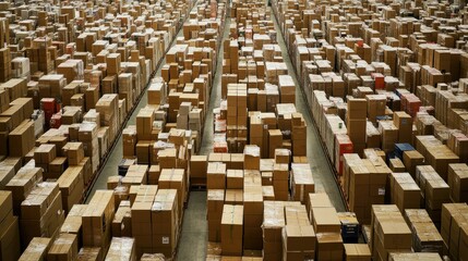 Poster - An expansive warehouse filled with neatly stacked cardboard boxes, representing a busy distribution center with a high level of organization.
