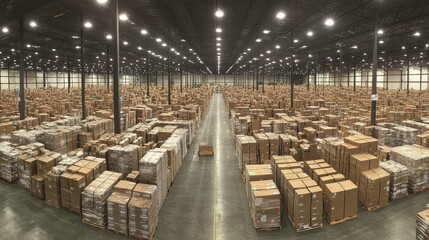 Poster - An expansive warehouse filled with neatly stacked cardboard boxes, representing a busy distribution center with a high level of organization.