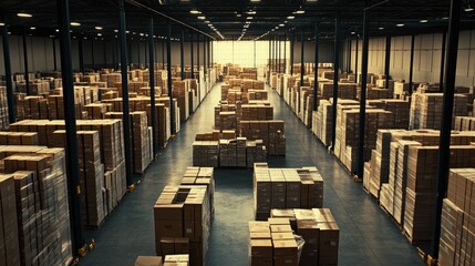 Poster - An expansive warehouse filled with neatly stacked cardboard boxes, representing a busy distribution center with a high level of organization.