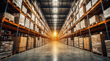 Poster - An expansive warehouse filled with neatly stacked cardboard boxes, representing a busy distribution center with a high level of organization.