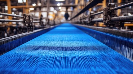 Poster - Blue yarn tightly wound on a loom in a textile factory, showing the intricate process of fabric production and the scale of industrial manufacturing.