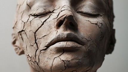 Poster - Close-up of a clay sculpture with deep cracks on the surface, revealing the passage of time and the raw beauty of baked, fired clay.