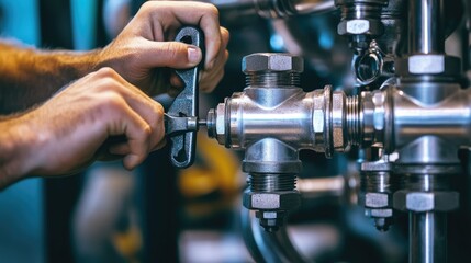 Aufkleber - Close-up of a technician hands at work, adjusting metal pipes with a wrench, displaying fine craftsmanship and high-quality tool details.