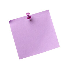 A slightly rotated purple sticky note, again pinned by a purple pushpin, showcasing playful yet clean aesthetics, isolated on a transparent background