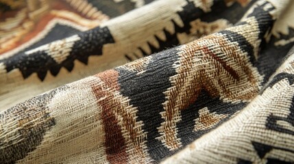 Poster - Close-up view of a handwoven fabric featuring traditional geometric designs, highlighting the artisan skill in creating detailed patterns.