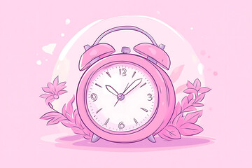 Wall Mural - A pink alarm clock surrounded by leaves, set against a soft pink background.