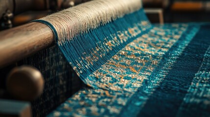 Poster - High-resolution image of handwoven fabric with complex patterns, captured in full HD, showcasing the craftsmanship behind textile production.