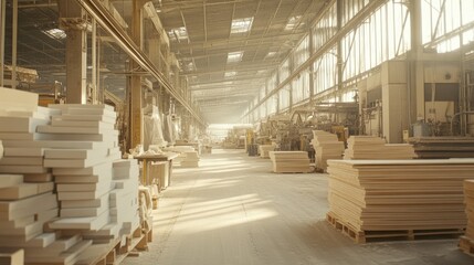 Poster - Inside a large factory warehouse, rows of industrial kilns process gypsum boards, with visible heat distortion and a busy manufacturing environment.