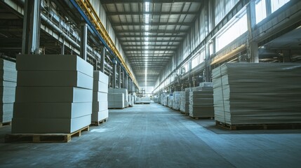 Poster - Inside a large factory warehouse, rows of industrial kilns process gypsum boards, with visible heat distortion and a busy manufacturing environment.