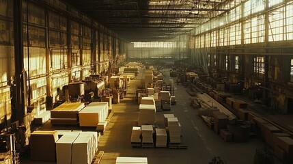 Poster - Inside a large factory warehouse, rows of industrial kilns process gypsum boards, with visible heat distortion and a busy manufacturing environment.