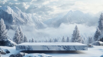 Poster - A snow-covered mountain range with a large, empty, marble slab in the foreground