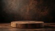 © El Media - Rustic wood podium display for food, perfume, jewellery and cosmetic products on dark brown background. Front view.
