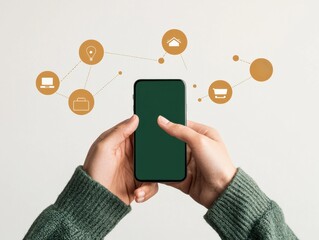 Aufkleber - A person holds a smartphone, with graphic icons representing digital connectivity and smart technology floating above.