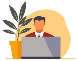 Aufkleber - A person works on a laptop surrounded by a potted plant, emphasizing a modern workspace aesthetic.