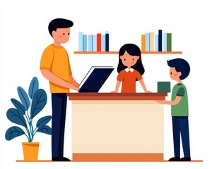 Aufkleber - A family is engaged in a learning activity at a desk with a laptop, books, and a plant, promoting education and collaboration.