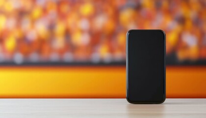 Poster - A sleek black smartphone stands on a table, set against a colorful, blurred background of orange and yellow hues.