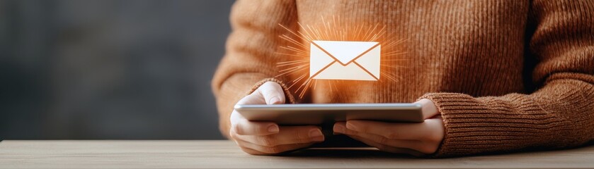 Aufkleber - A person in a cozy sweater holds a tablet displaying a glowing email icon, symbolizing digital communication and connection.