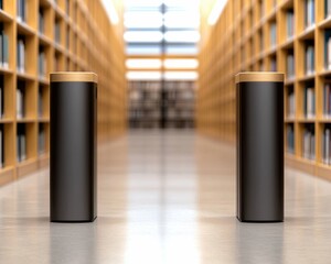 Poster - Two modern security gates stand in a bright library aisle, flanked by tall wooden bookshelves, creating a sleek and welcoming atmosphere.