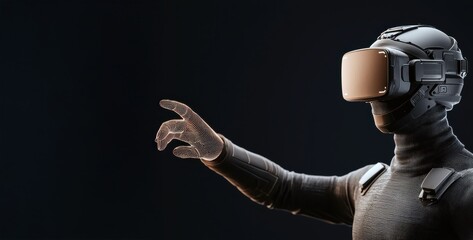 Fototapete - A futuristic figure wearing a VR headset reaches out, showcasing advanced virtual reality technology and immersive digital interaction.