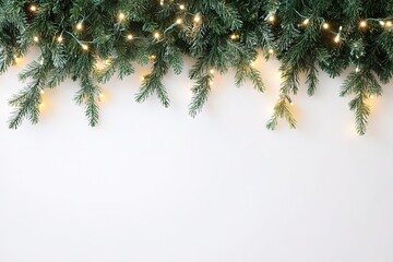 Wall Mural - festive spruce branches with twinkling lights, ample whitespace
