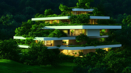 Poster - A modern, eco-friendly house blending seamlessly with lush greenery, featuring multiple levels of terraces and large windows for natural light