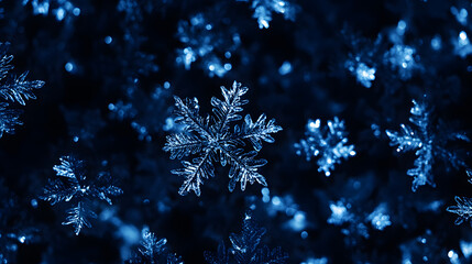 Poster - A close-up image of intricate snowflakes against a dark blue background, showcasing their unique patterns and delicate beauty