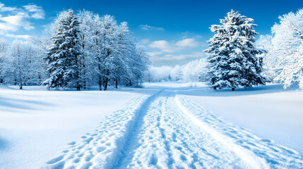 Poster - A tranquil winter landscape featuring a snowy path winding through trees under a clear blue sky