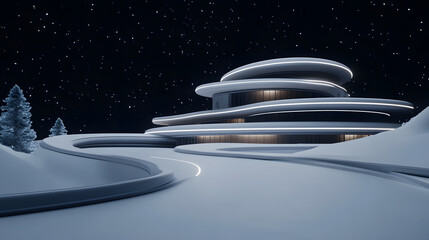 Fototapete - A futuristic, sleek home design nestled in a snowy landscape under a starry night sky