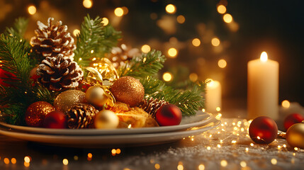 Aufkleber - A festive arrangement of Christmas ornaments, pinecones, and greenery beside glowing candles, creating a warm holiday atmosphere